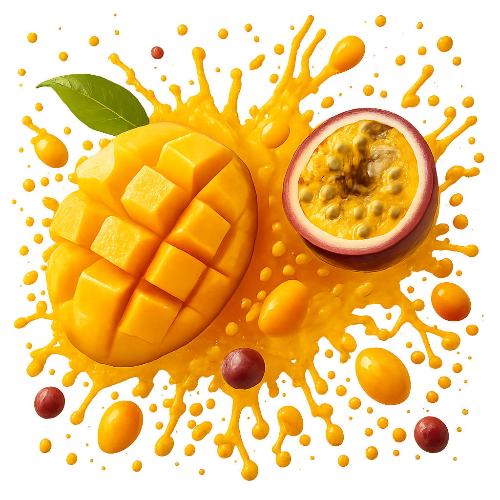 generate spash image of mango and passion with more spash and tiny fruits everywehre