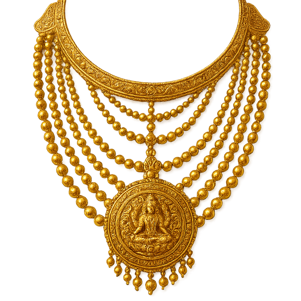 “highly detailed Indian gold necklace, multi-layer temple jewelry style, ornate round pendant in the center, multiple gold bead chains, polished golden shine, engraved patterns, realistic metal reflections, intricate detailing, symmetric design, front view, isolated, clean edges, transparent background, PNG style, no shadows, no background”