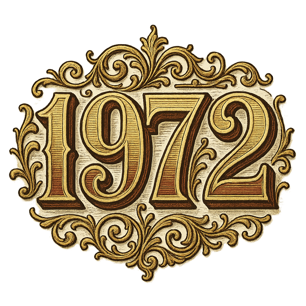 Elegant vintage typography logo of the text ‘1972’, inspired by early 1900s ornate English design. Decorative serif lettering with layered effects, gold and deep maroon color palette, embossed shadows and intricate ornamental flourishes around the text. Old-fashioned engraving style, rich texture, and classic layout similar to antique packaging design. Centered composition, transparent background, high-resolution PNG, clean edges.