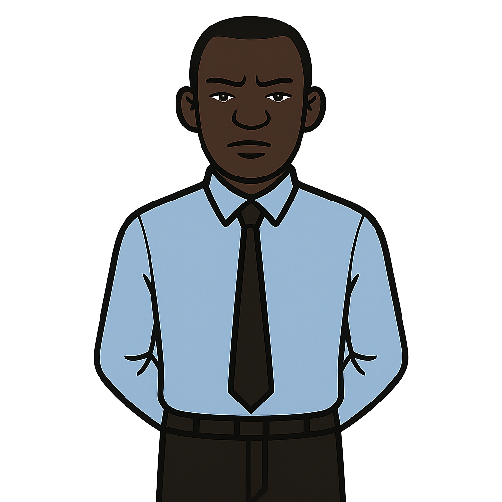 Flat 2D vector-style Ugandan male teacher, stern posture, arms behind back, long-sleeve light-blue shirt, dark tie, dark trousers, narrow eyes, short cropped hair, front-facing, minimal shading, bold outlines, simple classroom-appropriate outfit, transparent background, 2048x2048.