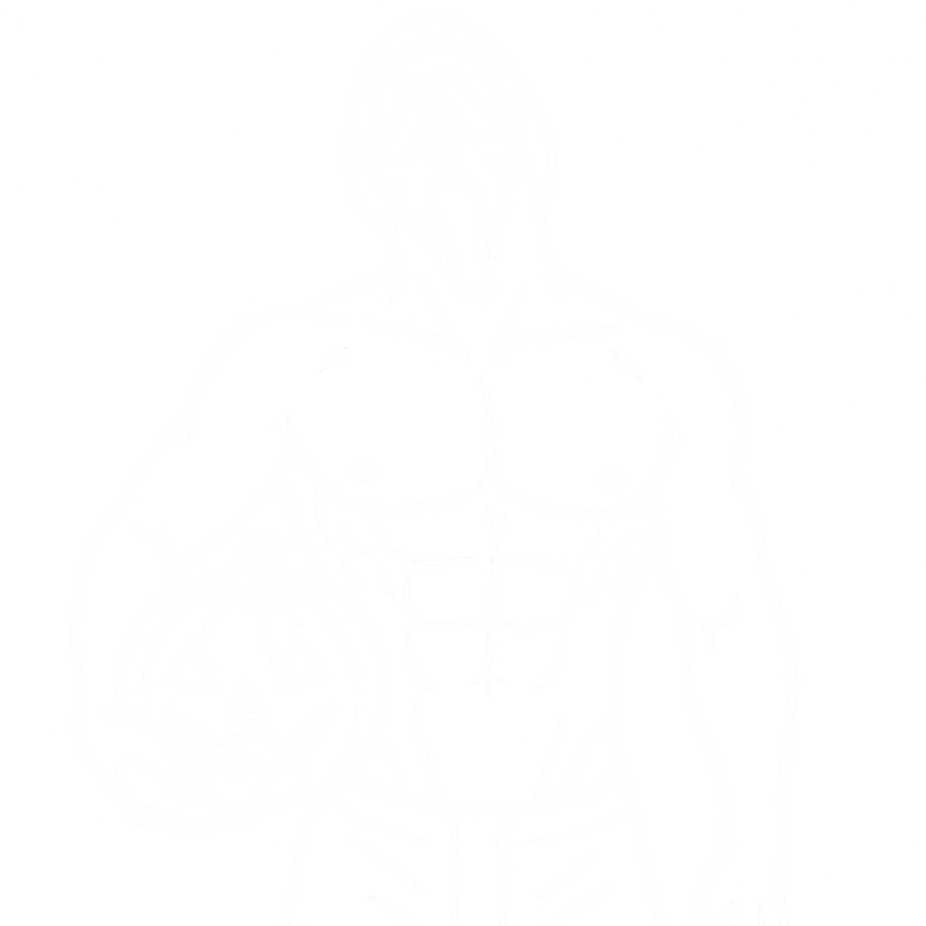 A white outline of Ghostface from the Scream movie, with no black robe, with man's bare chest and visible abs and v-line, head tilted back, holding a pumpkin in one arm, transparent background