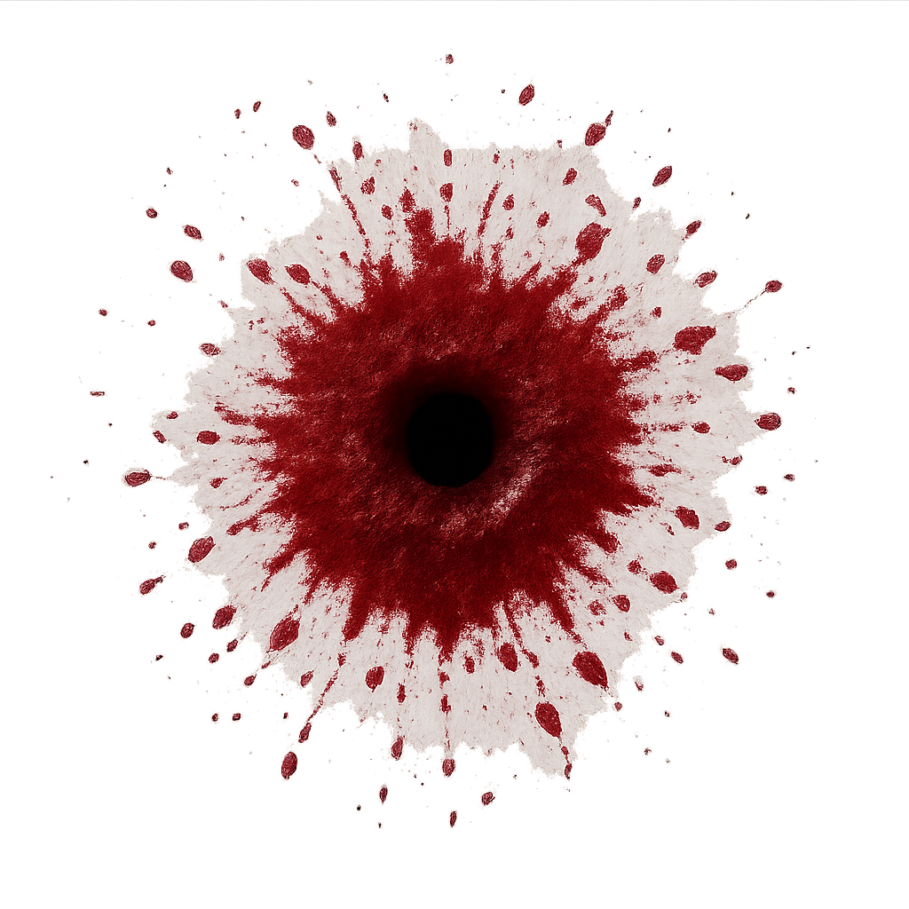Top-down view of a single bullet hole decal, designed for video games, small round blood splatter with dark red dried edges, realistic and gory, seamless texture, transparent background, isolated asset, centered on canvas, no objects, no text, no background, no 3D render, no extra elements.