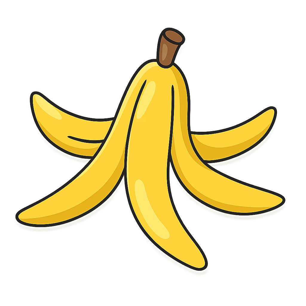 a cartoon-style illustration of banana peels, bright yellow with soft shadows and simple shapes, clean vector-like outlines, flat colors, minimal shading, educational eco-friendly design, same visual style as colorful recycling bins, isolated on transparent background, high resolution png, perfect for 2D game sprite