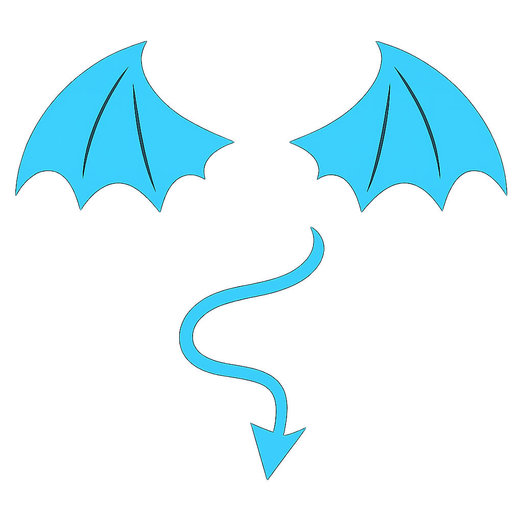 Minimalist vector illustration. **Isolated, stylized devil wings with pointed tips and scalloped edges, resembling bat wings. Below them, an isolated devil tail, thin and elegant, curving gracefully into a sharp, triangular barb at the end.** All elements feature sharp, clean lines and solid, uniform shapes without any gradients or textures. Absolutely no glow, neon, or reflective effects. High contrast design with all elements in a bright, vibrant cyan against a pure, plain black background. The overall aesthetic is clean, crisp, and emblematic of a modern, flat vector graphic