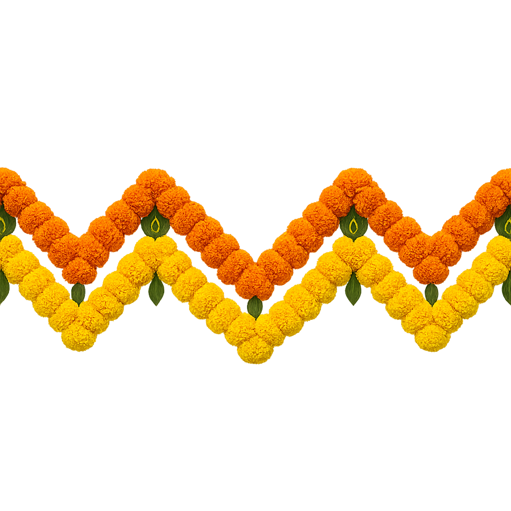 Long horizontal Indian toran garland made of marigold flowers, wavy zigzag pattern in bright orange and yellow colors with small green leaf or peacock eye motifs. Decorative festive design hanging style, realistic texture, detailed petals, symmetrical and continuous pattern across the full width. Plain white background, isolated, no shadows, high resolution, seamless border design.