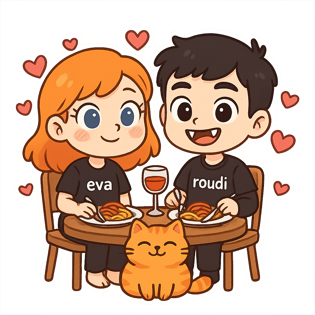 A cute good cartoon couple, girl with orange hair and blue eyes wearing black pijama with "eva", amazing boy with black hair and brown eyes vampire teeth wearing black pijama with "roudi" , and orange fat cat smile,  having dinner in sweet place full with hearts ,sweet couple sticker style, transparent background, 512x512