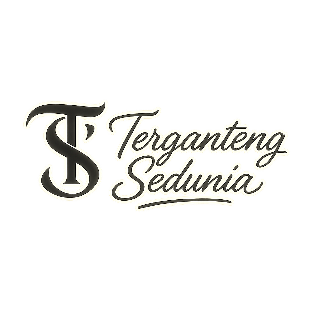 Create a transparent PNG signature with the text "Terganteng Sedunia" in elegant, flowing italic lettering. Make the style artistic, unique, and premium. On the left side, add a stylized monogram “TS” designed like a distinctive, iconic logo — bold, creative, and eye-catching, with a unique shape that feels custom-made. Apply a soft glow effect around both the monogram and the signature so the design looks clear, luminous, and standout. Keep everything clean, smooth, and professional. No background. Transparent PNG output.