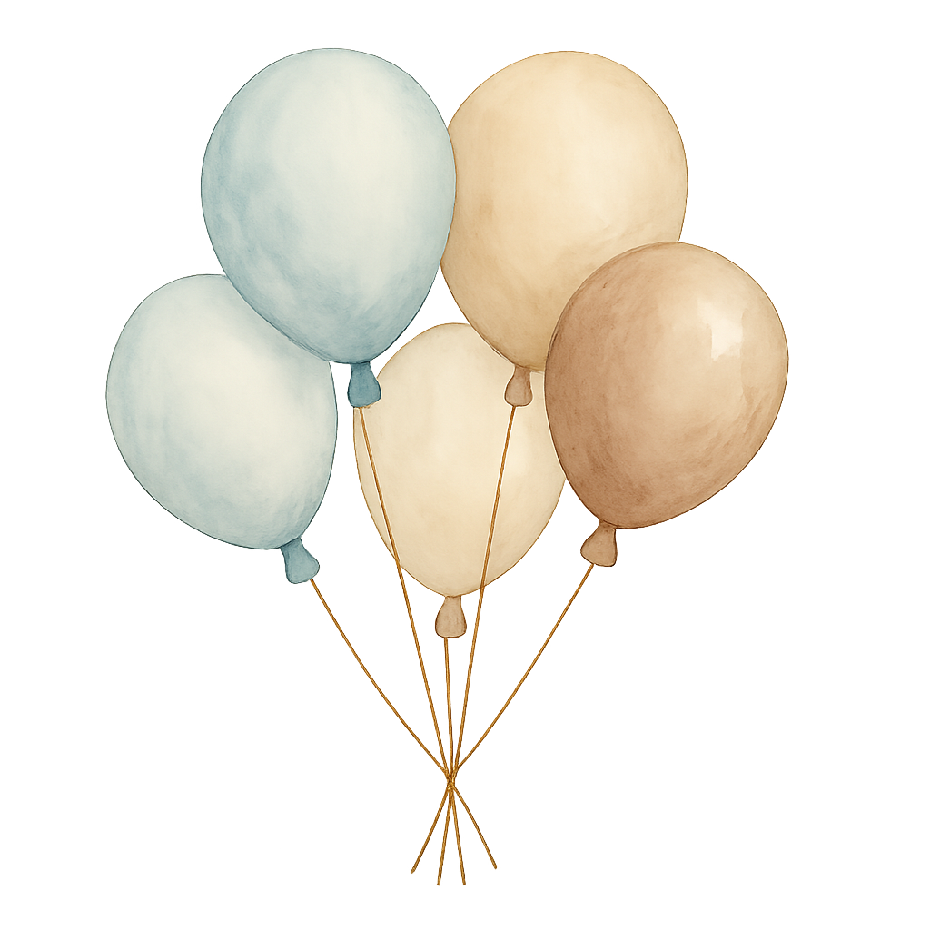 watercolor vintage baby shower balloons, soft pastel blue beige and brown colors, hand-painted style, gentle light and shadow, tied with thin beige string, cozy and cute composition, floating softly, transparent background, high quality illustration