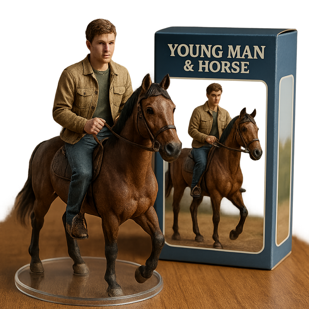 A hyper-realistic 3D collectible figurine of a young man riding a horse, placed on a transparent round base. Next to the figurine, there is a branded toy box featuring the same character and design. The scene is set on a wooden desk with natural lighting, making it look like a real product photo. Full HD, ultra-detailed, realistic textures, PNG quality.