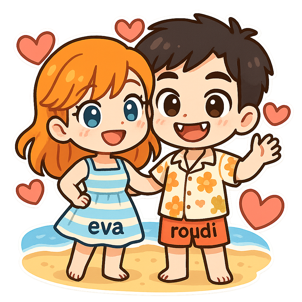 Cute cartoon couple, girl with orange hair and blue eyes wearing sweet beach dress of summer with "eva",  Beautiful boy with black hair and brown eyes vampire teeth wearing cute outfit of beach with "roudi", happy in the beach of hearts , sweet couple sticker style, transparent background, 512x512