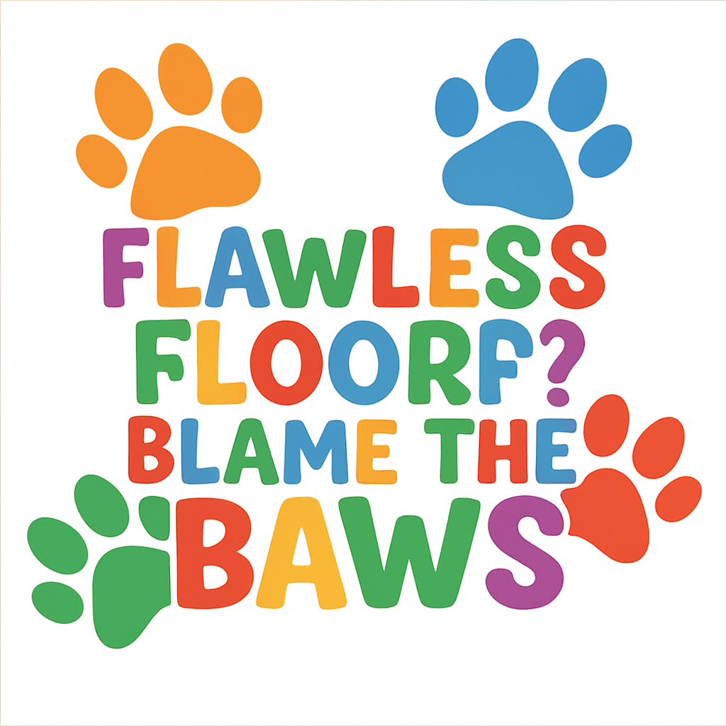 Create a design with multi-color graphic puppy paws. Use wording " Flawless Floor? Blame the Paws". Use font pet friendly colorful. fonts