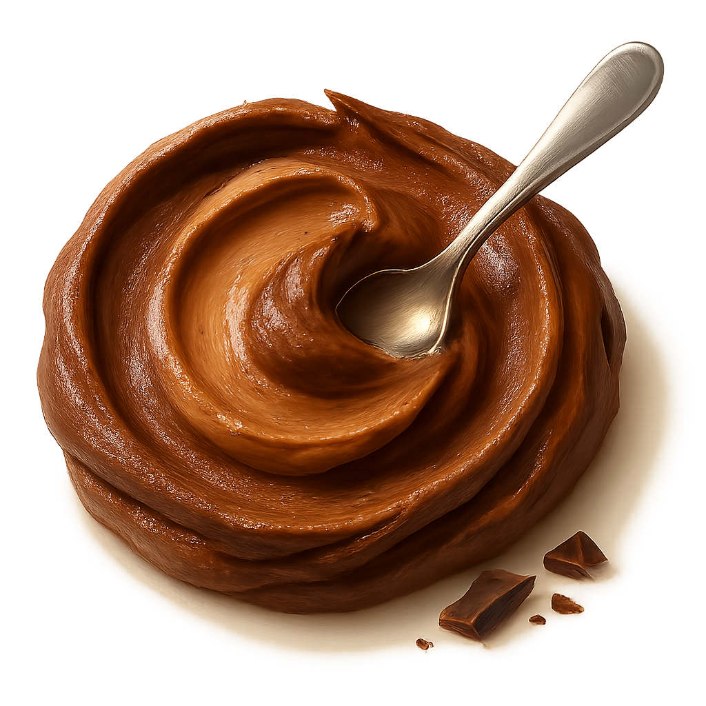 A realistic, appetizing swirl of chocolate peanut butter in rich cocoa-brown and warm nutty tones. The swirl should look natural and hand-scooped — with soft uneven ridges, gentle peaks, and organic curves (not a perfect circle). The texture appears luscious, smooth, velvety, and glossy with natural highlights. A shiny metallic spoon rests gently in the swirl as if just used. Add a few small chocolate pieces or delicate chocolate shavings near the base — elegant, minimal, not scattered. Soft warm studio lighting for a cozy premium feel. Include a subtle soft shadow underneath to make the swirl and spoon look naturally grounded on the label surface. **Transparent PNG**, no background, no bowl, no table. Centered composition, photorealistic, premium artisan food photography style.  **Do NOT:** make the swirl perfectly circular or symmetrical.organic irregular swirl shape, subtle imperfections