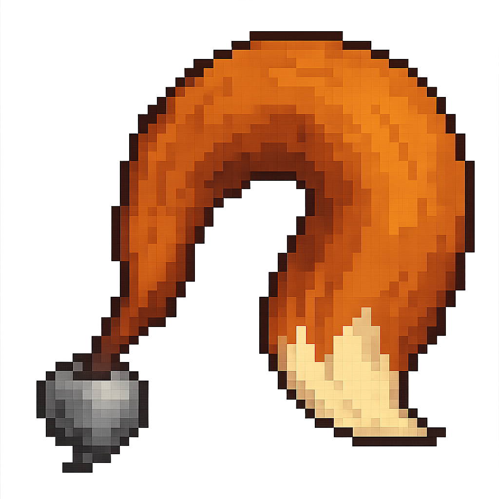 8bit pixel art style, small grey metal turnip with no leaves positionned in the bottom left corner and a very large fox tail sprouting from the top of the turnip instead of the leaves , swirling counter clockwise from the turnip to the tip of the tail and taking most of the picture space