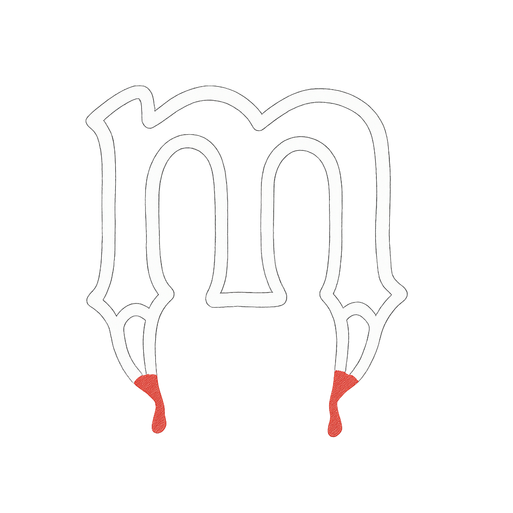 a white spooky outline of the lowercase letter m with bloody fangs