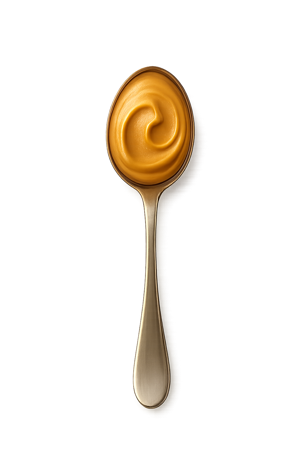 A full stainless steel spoon filled with creamy smooth peanut butter, photographed from a top-down overhead angle. The spoon must be shown **entirely from handle tip to scoop**, with **large empty space above, below, and around it** so that nothing touches the edge of the image. The peanut butter appears velvety, glossy, thick, with soft natural swirl texture. Warm soft studio lighting for a premium artisanal look. Include a soft, subtle shadow beneath the spoon to make it appear resting on the label surface. Transparent PNG, no background.  **Composition instructions:**  - Spoon should appear **small enough so the entire object fits comfortably inside the frame** - **At least 15% padding** around all sides   - **Vertical centered orientation**  **Do NOT:** crop the spoon, zoom in, cut off any part of the spoon, reframe, or rotate.  FULL SPOON, NO CROPPING, EXTENDED CANVAS SPACE, GENEROUS PADDING AROUND ENTIRE SPOON.Zoom OUT until the full spoon is visible. Reduce crop. Increase canvas. Do not fill frame.