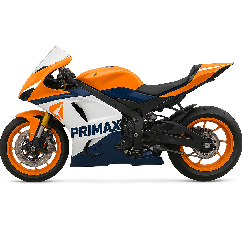 Una moto tipo motogt con los colores de y el logo de Primax
