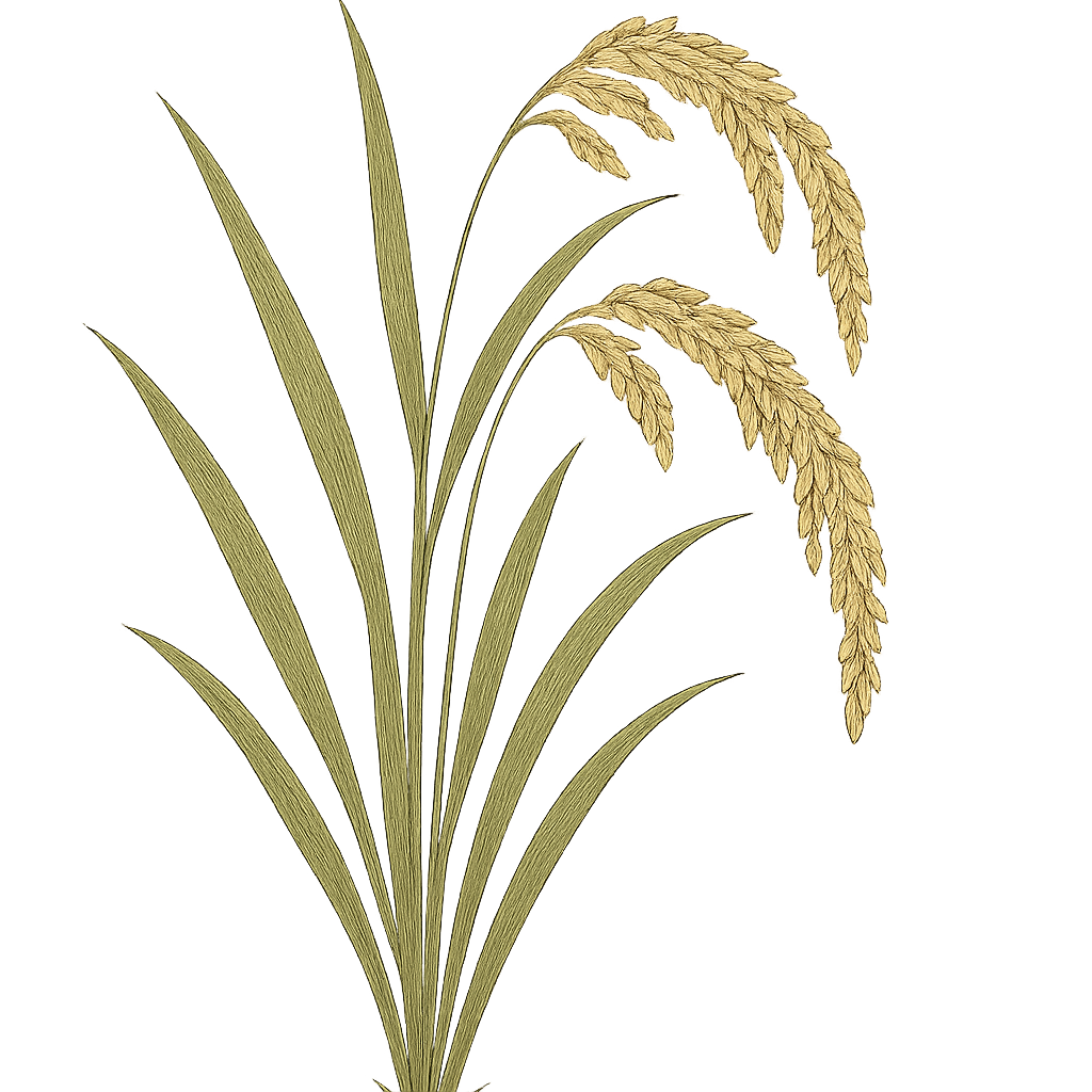 A detailed botanical illustration of a mature rice plant with golden rice grains on curved stalks, surrounded by long, narrow green leaves. The plant is shown with realistic shading and fine line work, isolated on a transparent background. The style is clean, natural, and educational, suitable for a scientific textbook or agricultural diagram.
