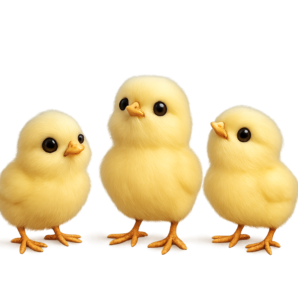 On a transparent background  Realistic and animated style Three small 3D chicks, realistic and animated They don't move, they're looking up They're cute and three-dimensional