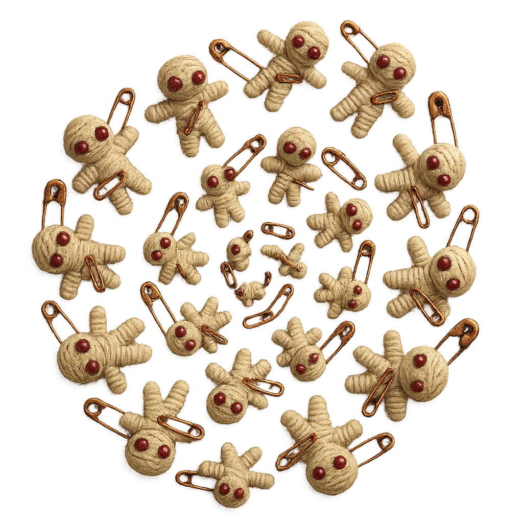 Top-angle macro PNG of hand-made voodoo charms (thread, beads, safety pins) arranged in a spiral, soft white light from top-right, transparent background. 🟢 Unique color: Muted bone white + crimson + copper