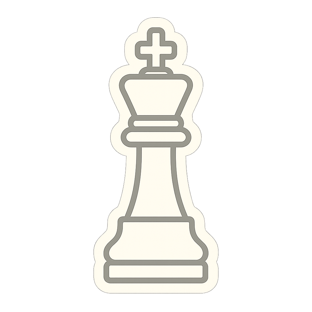 A flat, two-dimensional vector icon of a chess king piece, drawn in off-white color with no background. The design should be minimalistic, clean, and sticker-style, with smooth lines and no extra details.