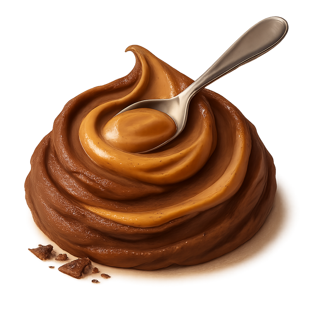 A realistic, appetizing swirl of chocolate peanut butter in rich cocoa-brown and warm nutty tones. The swirl must look natural and hand-scooped — with soft uneven ridges, gentle peaks, and organic flowing curves (NOT a perfect circle). The peanut butter should look creamy, luscious with a velvety very smooth surface and natural glossy highlights, showing soft light reflections on the peaks and deeper shadows in the folds.  Place a shiny stainless-steel spoon **resting on the swirl**, not dipped in, Add a few small, subtle chocolate pieces or delicate chocolate shavings near the base — elegant and minimal. Soft warm studio lighting for a cozy premium feel. Include a soft natural shadow beneath to make the swirl and spoon appear resting on the label surface.  **Transparent PNG**, no background, no bowl, no table. Centered composition, photorealistic, artisan food photography style.  **Do NOT:** make the swirl perfectly circular,  or symmetrical.