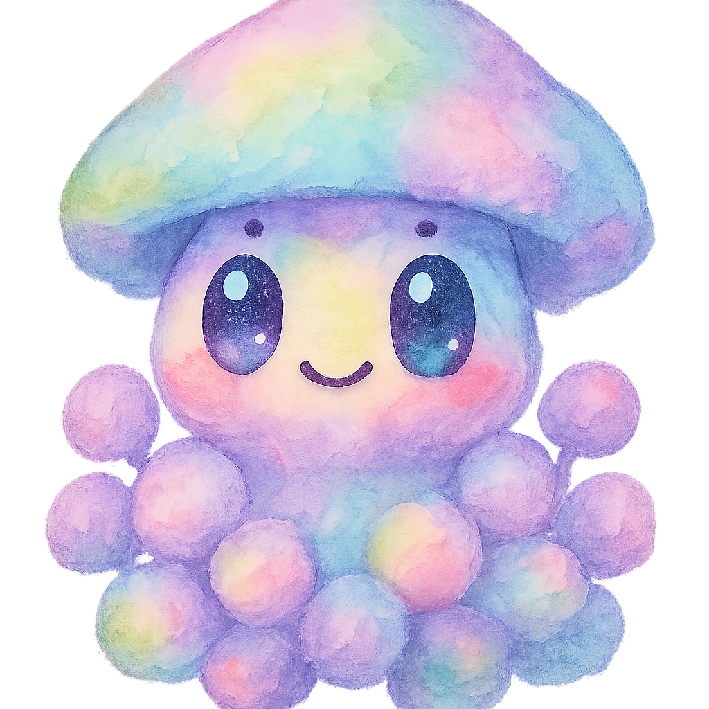 rich vibrant watercolor illustration, kawaii microbiology character, fluffy pastel rainbow mushroom mold buddy with round puffy hyphae clusters, cap-like top in soft blending mint green lavender sky blue and cotton-candy pink, big shiny oval eyes with pale blue and pale pink highlight reflections that stay visible on transparency, tiny dot eyebrows, small smiling mouth, rosy cheeks, soft diffuse edges, no text, no border, transparent background