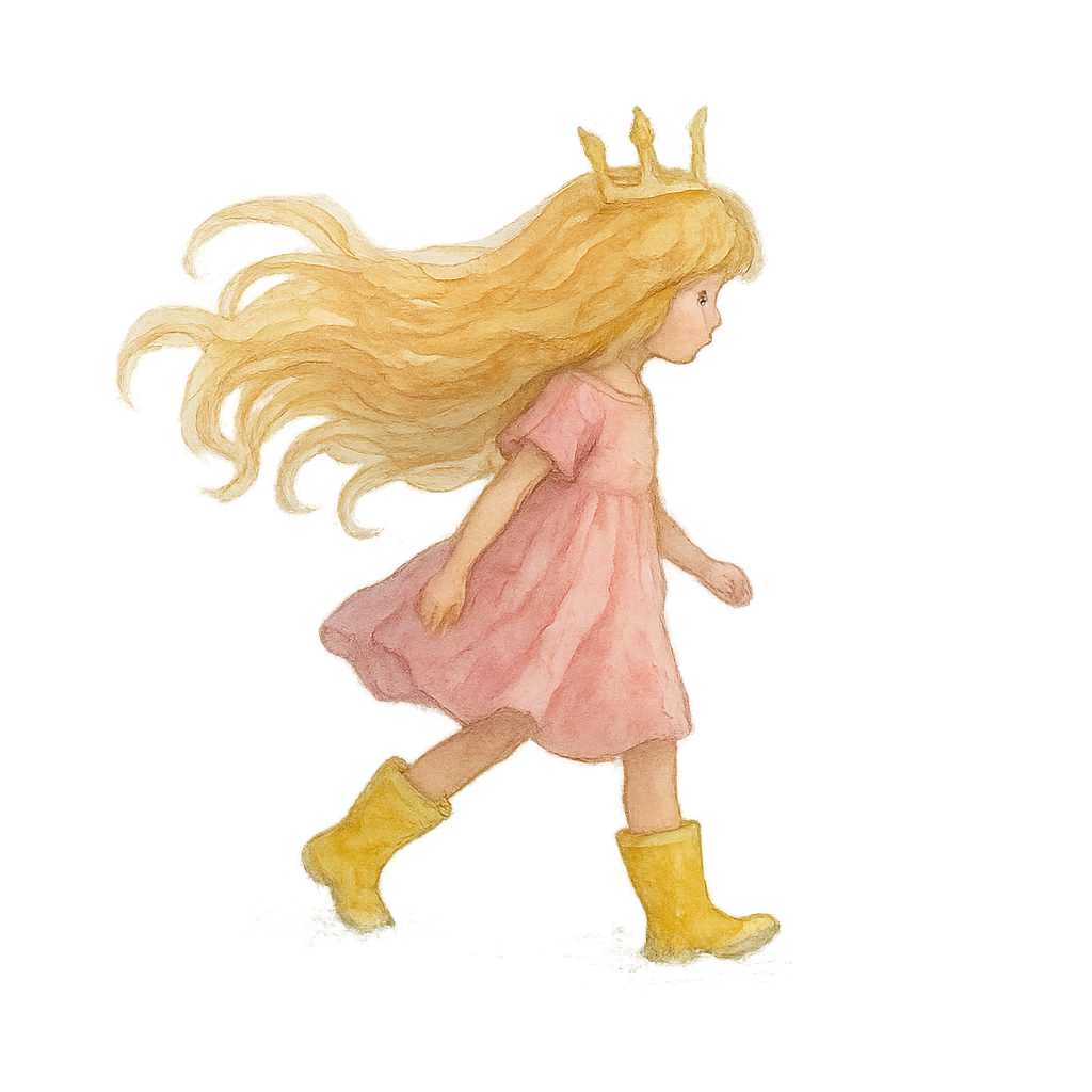 A young girl wearing a pink dress and yellow rain boots with flowing  blonde hair and delicate crown, tromping through snow in misty light, hand-painted watercolor style inspired by Child of Light, soft gradients, ethereal atmosphere, fantasy illustration, transparent background.