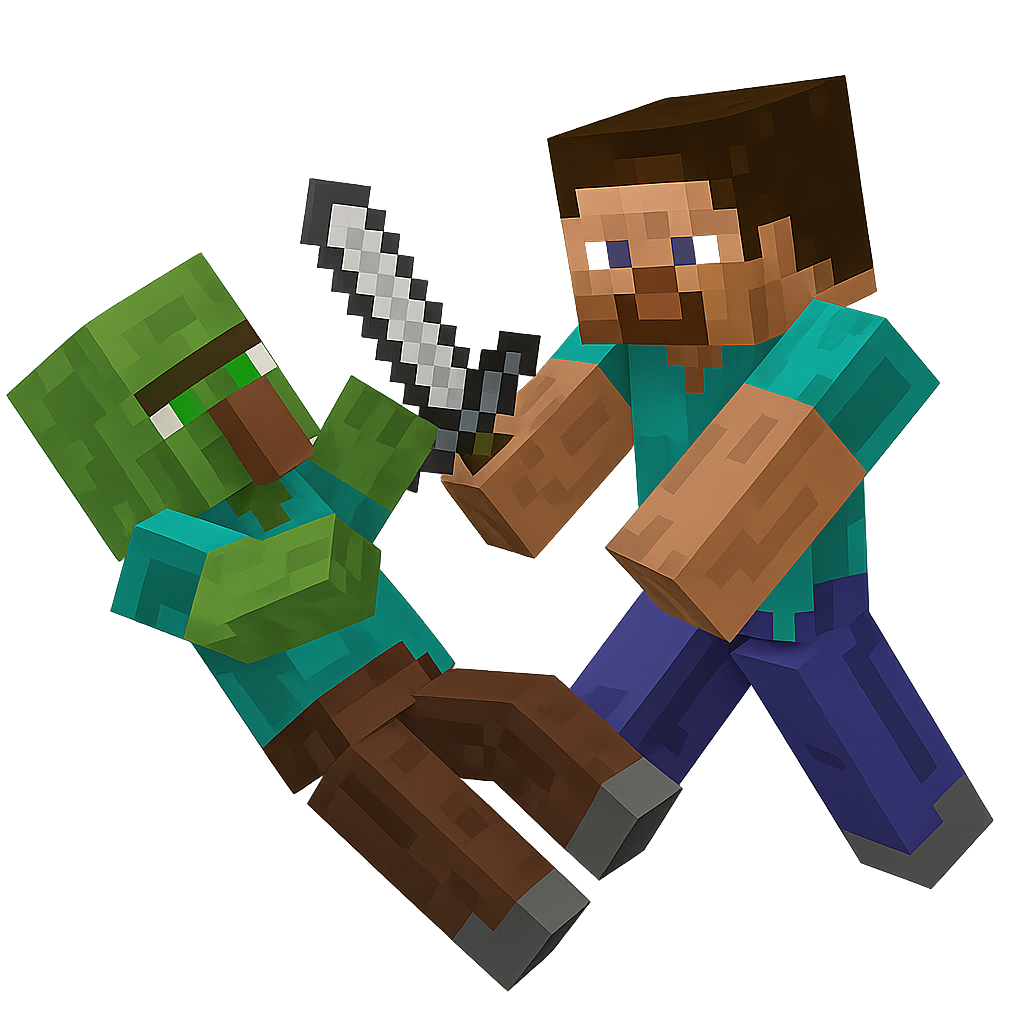 "A Minecraft player character attacking a zombie villager, which is falling backward. The image should focus on the specific original Minecraft game textures. The background should be transparent or plain white, suitable for a graphic cutout."
