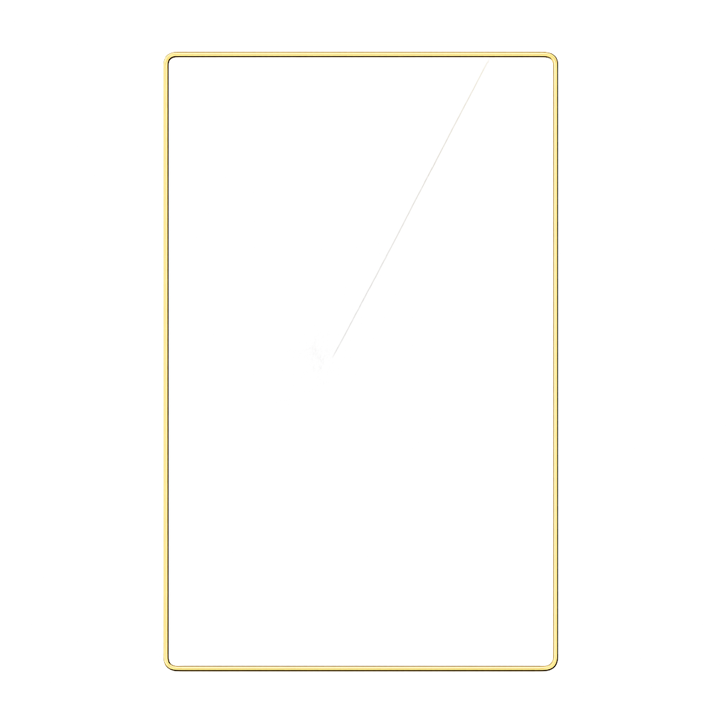 Transparent glass rectangle with thin gold outline and subtle inner glow, ultra-luxury, photorealistic, futuristic minimal, centered, transparent background