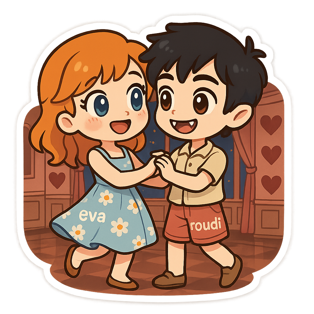Cute cartoon couple, girl with orange hair and blue eyes wearing sweet dress of summer with "eva", boy with black hair and brown eyes vampire teeth wearing cute outfit of summer with "roudi", dancing in the lux room of hearts in the night, sweet couple sticker style, transparent background, 512x512