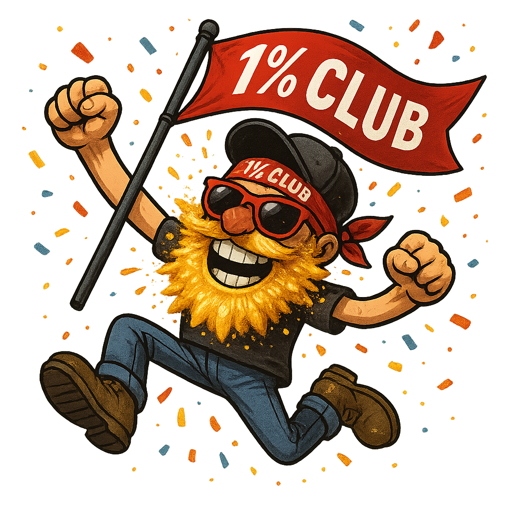 Same character as base prompt (golden explosion beard, red sunglasses, '1% Club' red bandana), now jumping mid-air holding '1% Club' flag, confetti explosion (transparent), big toothy grin, hat tilted back, dynamic angle, transparent PNG.