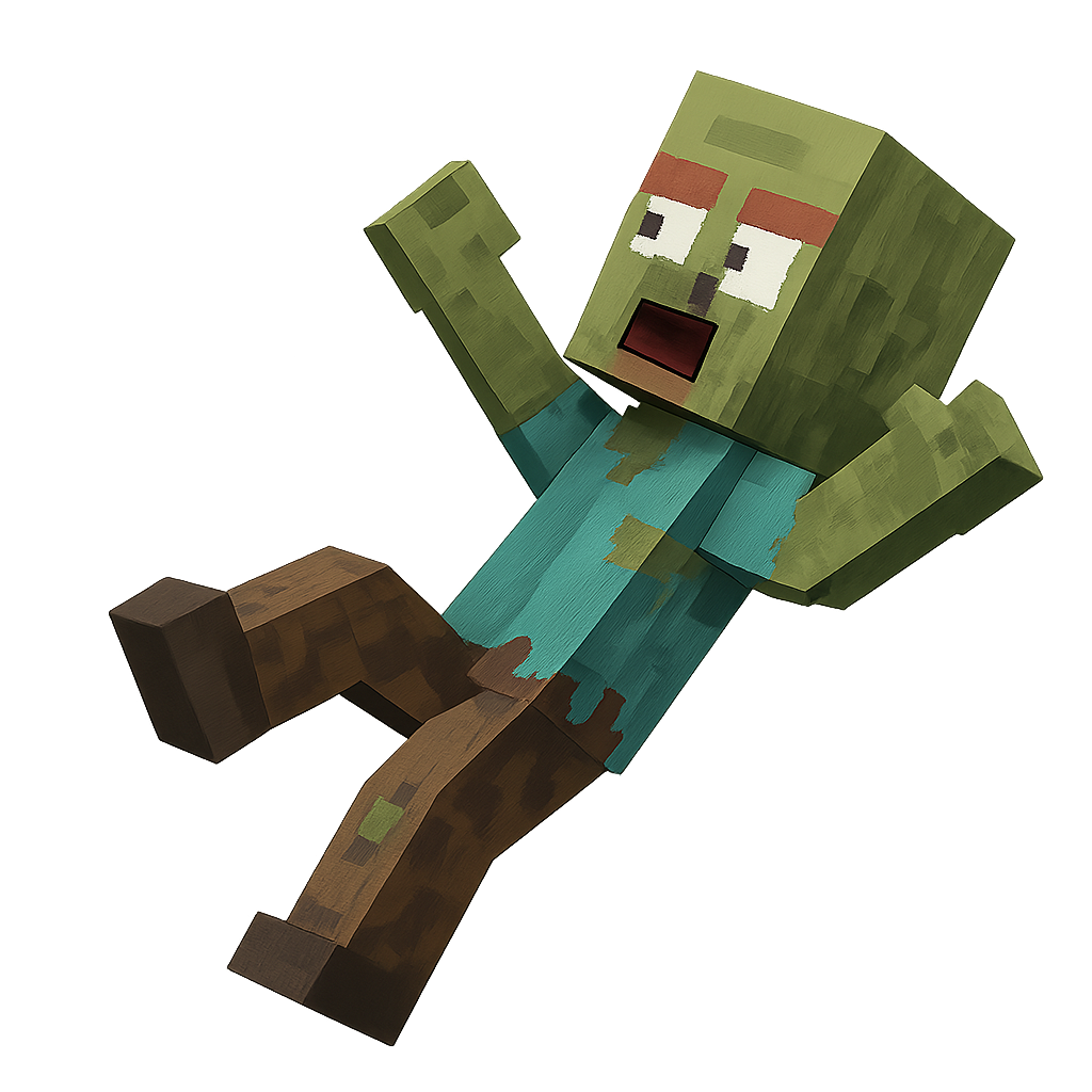 A Minecraft-style zombie villager, blocky and pixelated, side view, mid-fall backwards with arms flailing and one leg bent. Hands are cube-shaped like Minecraft, no fingers at all. Wearing tattered clothes, a surprised expression, and no hair. Sharp and clean, no motion blur, no shadow. Fully consistent with Minecraft’s blocky textures. Bright, even lighting, transparent or white background. Emphasize Minecraft blocky style, cube hands only, no fingers anywhere.