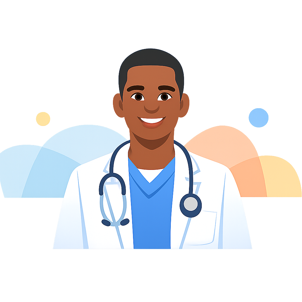 A clean, modern cartoon illustration in the style of Google Material Design. A friendly Black male doctor in his early 30s, wearing a white lab coat and blue medical scrubs. Simple geometric shapes, soft pastel colors, flat design with subtle gradients. Minimal details, smooth lines, no heavy shadows. Professional, approachable, trustworthy expression. Light neutral background with abstract shapes, no text, no logos, no watermark. Centered, horizontal composition, perfect for a website carousel hero section.