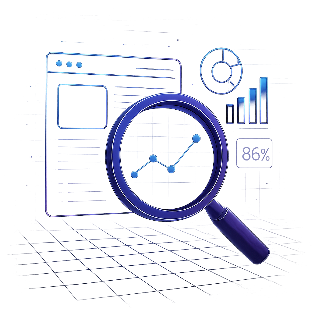 A premium futuristic marketing illustration representing website auditing and performance analysis. Shows a stylized digital magnifying glass examining web interface elements, graphs, and metrics. Incorporates glowing grid patterns, holographic screens, and data visualization motifs. Neon purple and blue highlights, dark gray base tones, high contrast lighting, and reflective surfaces. High detail, minimal clutter, transparent background, isolated design for professional web use. Consistent with futuristic marketing visuals, symbolizing deep analysis, precision, and digital insight.