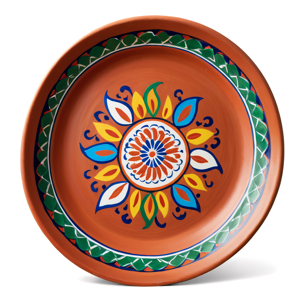 A vibrant, artistic, image of a stylized traditional Bangladeshi clay plate, angled slightly to the right, The plate is a rich, reddish-brown terracotta, featuring an intricate, hand-painted, colorful Alpona design around the rim, evoking the spirit of Pahela Boishakh. The plate is filled with a stylized rendition of Panta Bhat (soaked rice), depicted with visible grains and subtle water reflections.  Beside it is a beautifully rendered, slightly cartoonish Ilish Mach (Hilsa fish) with exaggerated, shimmering silver scales. Surrounding them are various colorful, stylized Bengali sweets like  gurer sandesh, nolen gurer payesh, and patishapta,  each distinct and visually appealing, arranged artfully.  The lighting should be bright and celebratory, casting soft shadows that add depth but do not obscure the food. The overall style should be reminiscent of traditional Bangladeshi folk art, clean and uncluttered. detailed, highly sharp, clear, clean line, artistic, eye catching, very attractive, 128k extremely realistic,  uhd.