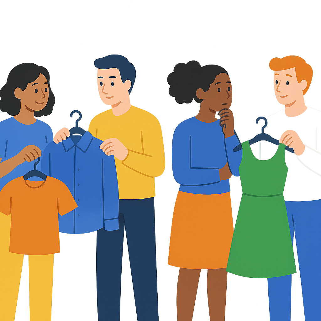 reference google.com website style illustration style with a clean, transparent background and characters in different poses. Based on  my request for a similar illustration where characters are looking at clothes they want to buy,