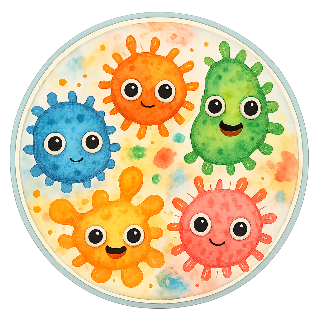 vibrant watercolor of a clear petri dish with richly pigmented colorful friendly germs, bold saturation, cute kawaii expressions with big eyes, soft organic texture, no text, no border, transparent background