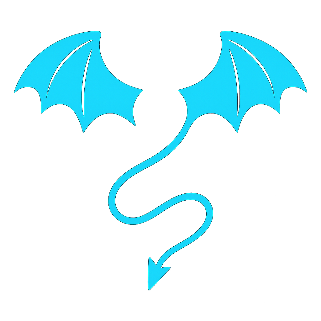 Minimalist vector illustration. **Isolated, stylized devil wings with pointed tips and scalloped edges, resembling bat wings. Below them, an isolated devil tail, thin and elegant, curving gracefully into a sharp, triangular barb at the end.** All elements feature sharp, clean lines and solid, uniform shapes without any gradients or textures. Absolutely no glow, neon, or reflective effects. High contrast design with all elements in a bright, vibrant cyan against a pure, plain black background. The overall aesthetic is clean, crisp, and emblematic of a modern, flat vector graphic.