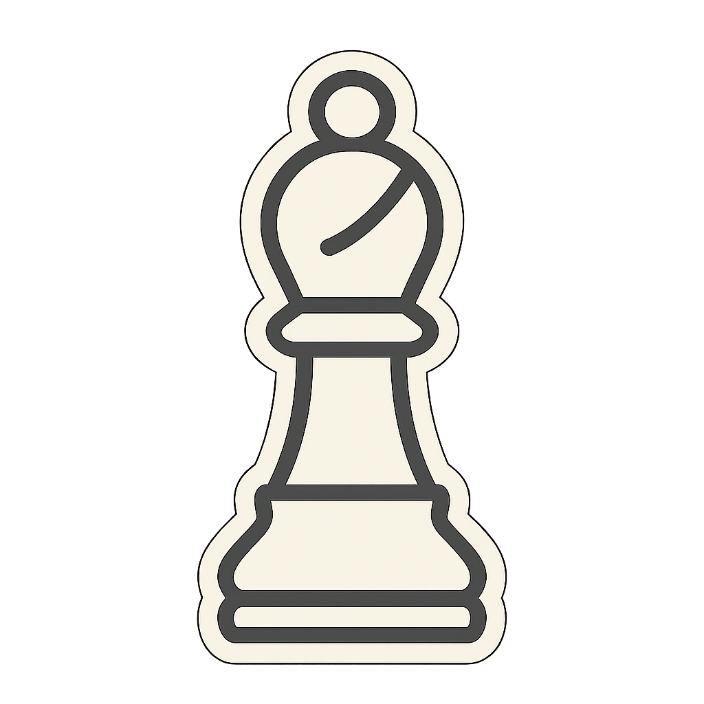 A flat, two-dimensional vector icon of a chess BISHOP piece, drawn in off-white color with no background. The design should be minimalistic, clean, and sticker-style, with smooth lines and no extra details.