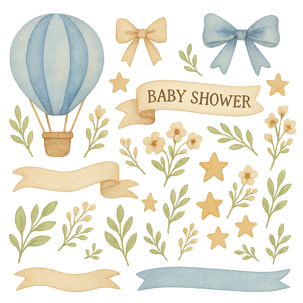 watercolor vintage baby shower decoration elements, small floral sprigs, leaves, ribbons, bows and stars, pastel blue beige and brown colors, hand-painted texture, gentle and cute, transparent background, high quality illustration