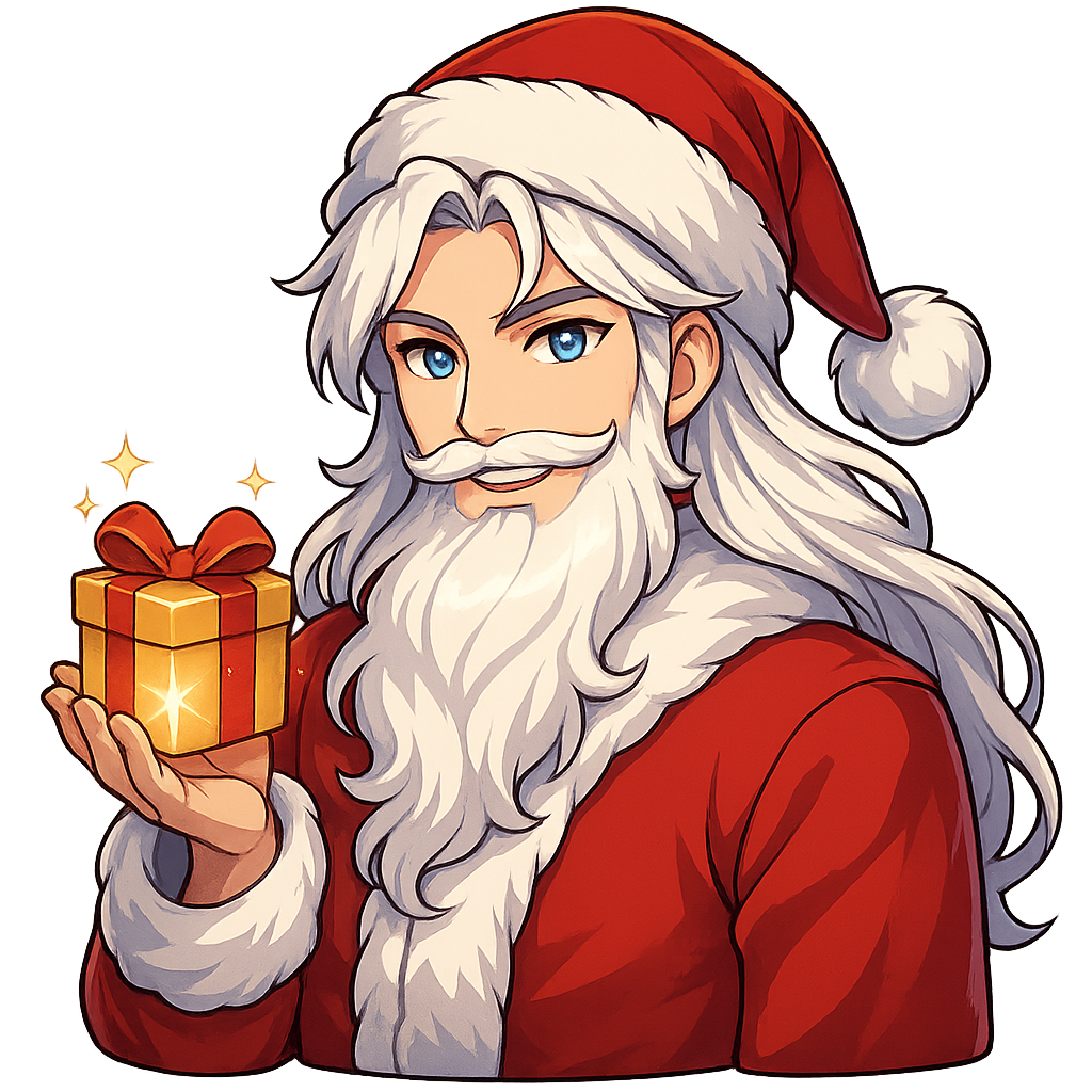 Handsome anime Santa Claus, upper body shot, full Santa hat visible, holding small glowing Christmas gift in one hand, elegant face, bright anime eyes, long silky white hair, fluffy beard, luxurious red coat, confident charming smile, vibrant colors, clean detailed lineart, fantasy anime illustration, high-resolution 3000x3000 px, sticker-friendly, transparent background Filename: SantaAnime_WithGift.png