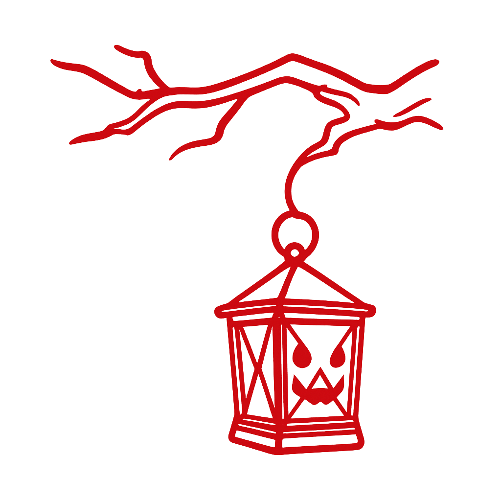 a red outline of a spooky halloween lantern hanging from a spooky looking branch from the side
