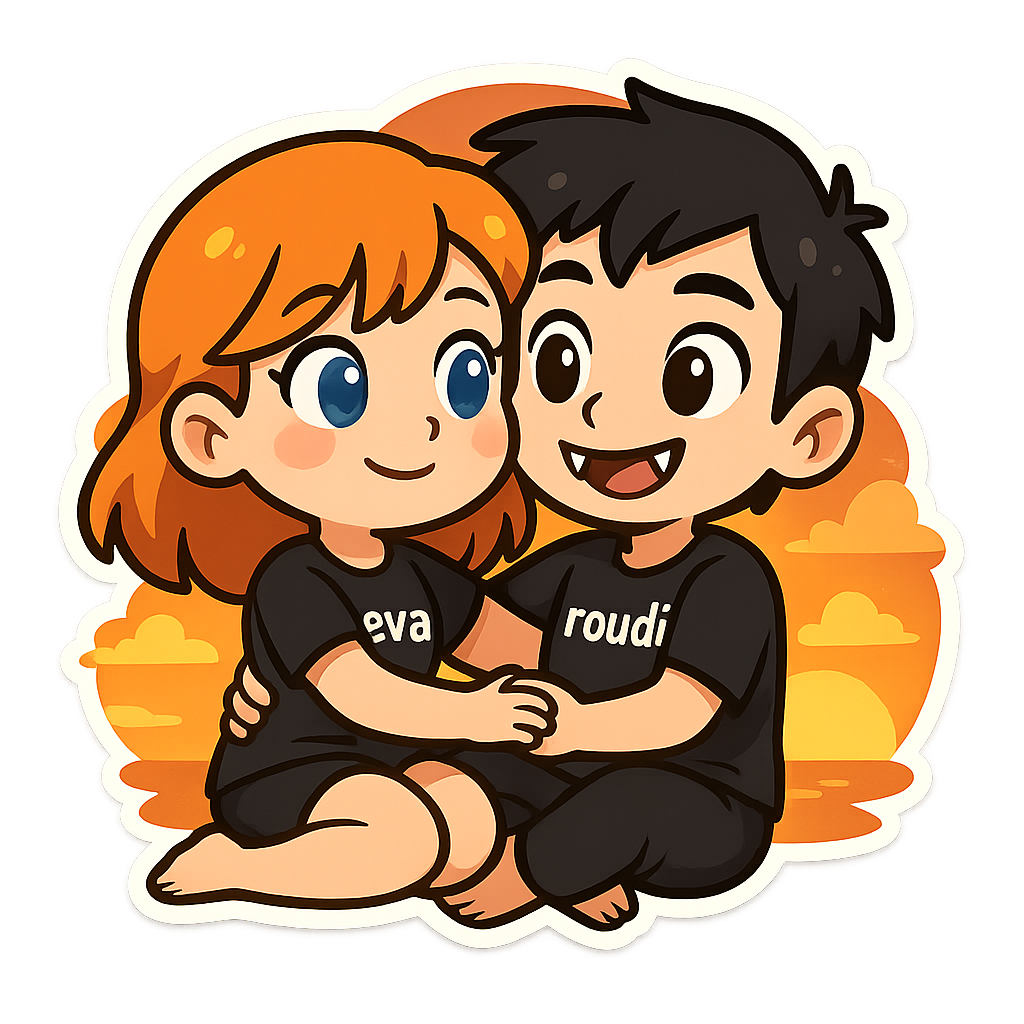 A cute good cartoon couple, girl with orange hair and blue eyes wearing black pijama with "eva", boy with black hair and brown eyes vampire teeth wearing black pijama with "roudi" , Sitting and hugging each other while watching the sunset ,sweet couple sticker style, transparent background, 512x512