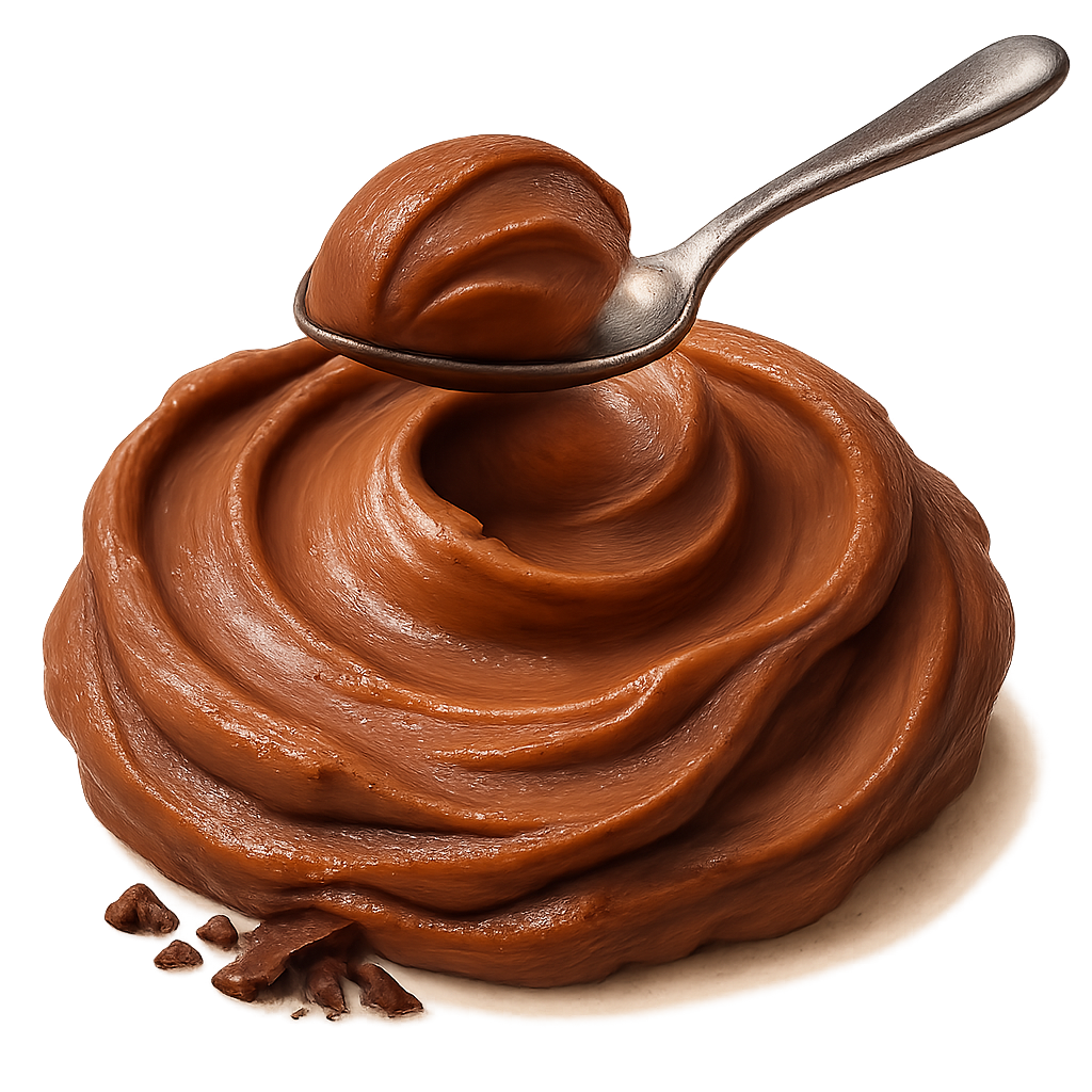 A realistic, appetizing swirl of chocolate peanut butter in rich cocoa-brown and warm nutty tones. The swirl must look natural and hand-scooped — with soft uneven ridges, gentle peaks, and organic flowing curves (NOT a perfect circle). The peanut butter should look thick, creamy, and luscious with a velvety smooth surface and natural glossy highlights, showing soft light reflections on the peaks and deeper shadows in the folds.   Place a shiny stainless-steel spoon **resting lightly on top of the swirl**, not dipped in, with a small, elegant scoop of the chocolate peanut butter sitting on the spoon — as if just lifted for tasting.   Add a few small, subtle chocolate pieces or delicate chocolate shavings near the base — elegant and minimal. Soft warm studio lighting for a cozy premium feel. Include a soft natural shadow beneath to make the swirl and spoon appear resting on the label surface.  **Transparent PNG**, no background, no bowl, no table. Centered composition, photorealistic, artisan food photography style.  **Do NOT:** make the swirl perfectly circular, too smooth like frosting, or symmetrical.