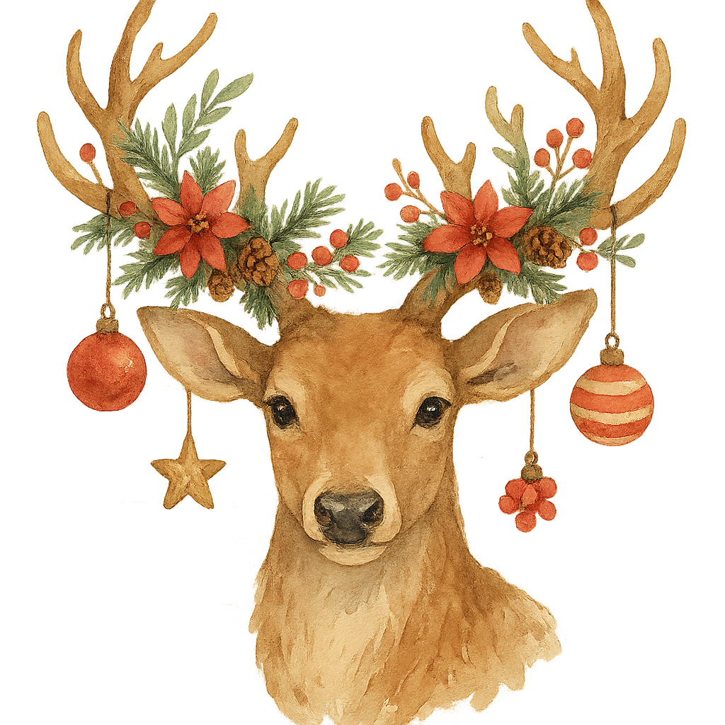 Watercolor Christmas reindeer portrait, elegant and cute, antlers decorated with small holiday ornaments, pine branches, red winter flowers, rustic woodland style, soft warm colors, white wood background, high detail, cozy farmhouse Christmas aesthetic