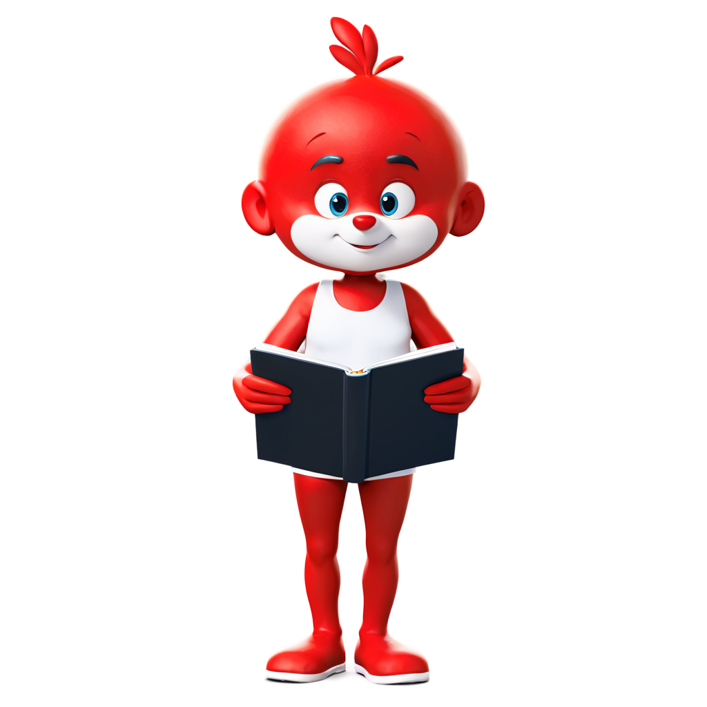 a red  cute cartoon  character  writeing  in  a notebook