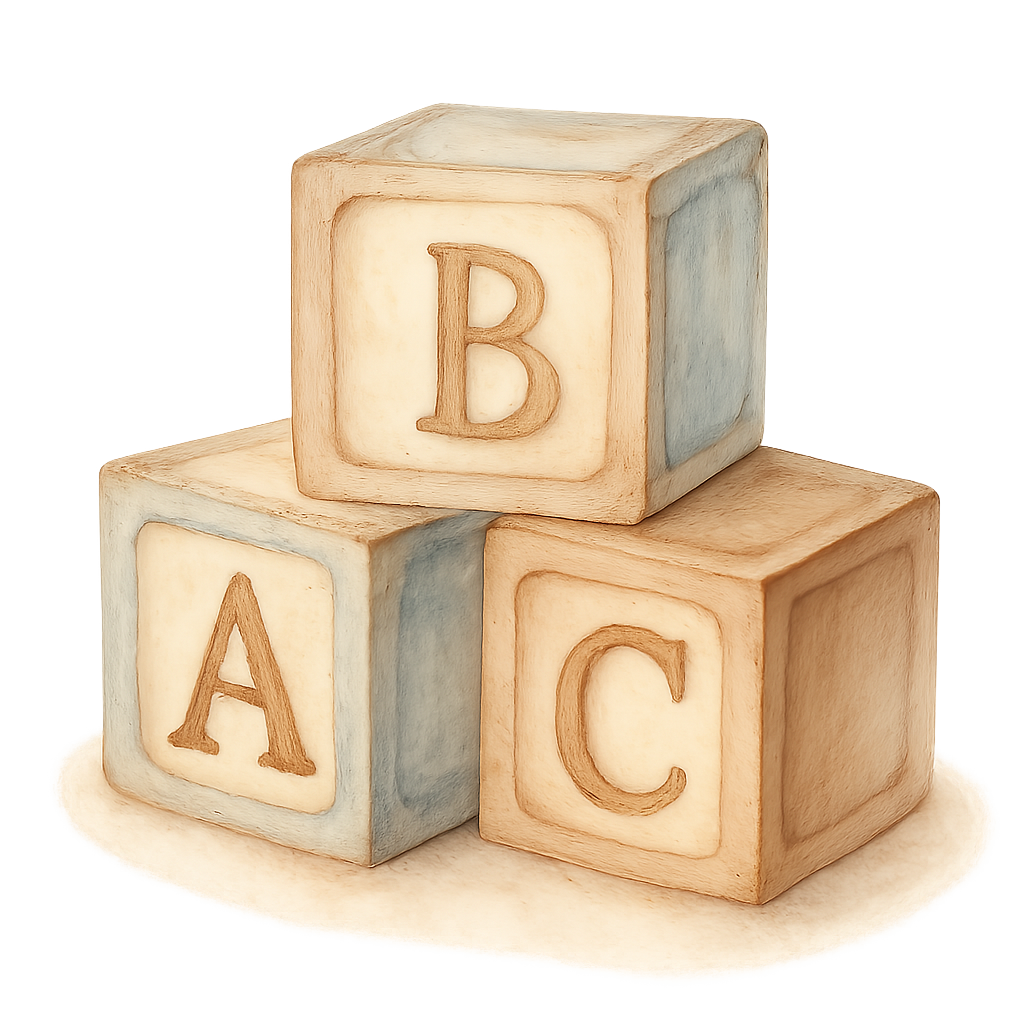 watercolor vintage wooden toy blocks, with engraved letters A B C, soft pastel blue beige and brown colors, hand-painted style, gentle shadows, stacked slightly, cozy baby shower theme, warm light, transparent background, high quality illustration