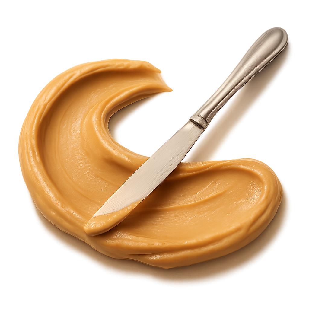 A realistic, appetizing swash of creamy smooth peanut butter spread in a gentle curved stroke, rich golden-beige tones, with a shiny butter knife resting lightly on the swash, as if just used to spread it. The peanut butter appears thick, velvety, and indulgent with natural glossy highlights and subtle texture lines from the knife. Soft warm studio lighting for a premium, cozy feel. Include a soft, natural shadow beneath both the peanut butter and knife so they appear physically resting on the label surface. No background, no plate, no table — transparent PNG. Centered composition, photorealistic, artisan food photography quality. swash shape slightly flowing and graceful, like a painterly motion