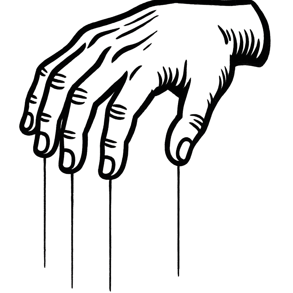 A hand illustrated in a black drawing style, with thick black outlines. Long, thin threads are tightly stretched and hanging from each of the five fingers.