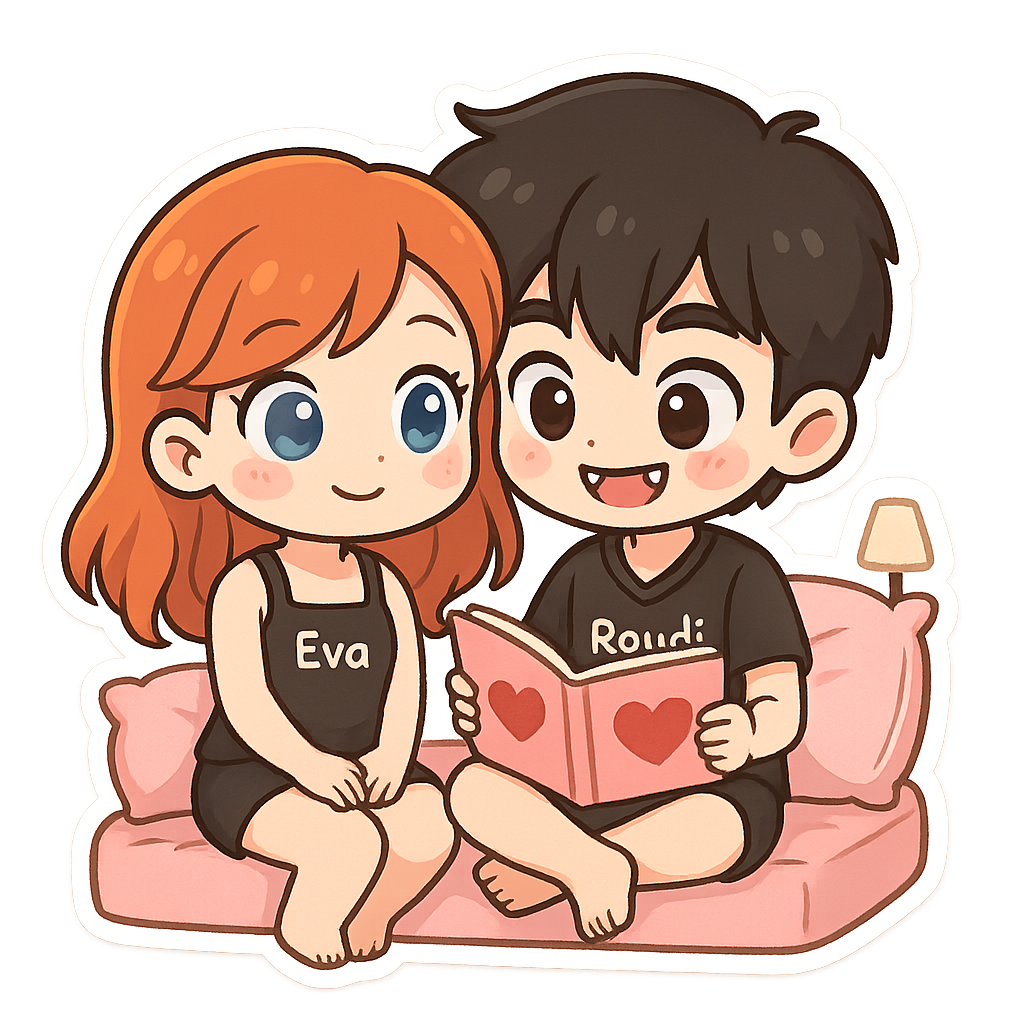 Cute cartoon couple, girl with orange hair and blue eyes wearing sweet black pijama of summer with "eva",  Beautiful boy with black hair and brown eyes vampire teeth wearing cute black pijama with "roudi", reading a book of hearts in sweet room , sweet couple sticker style, transparent background, 512x512